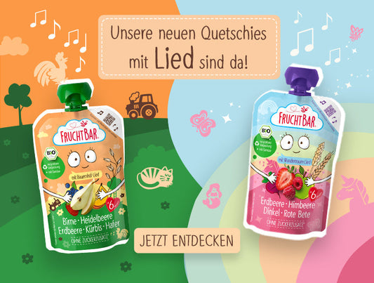 Neu von FruchtBar: Bio-Quetschies mit Lied und Bio-Erdbeer-Waffeln