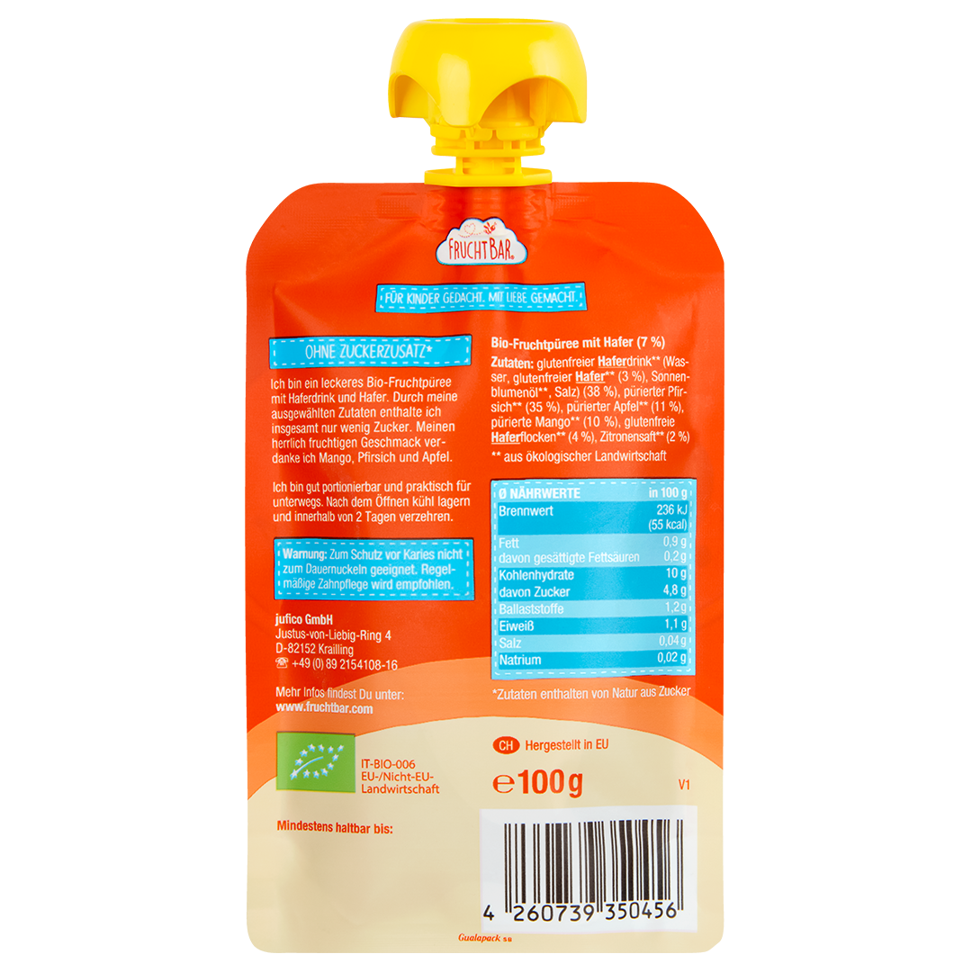 Bio Quetschie "Low Sugar" - Mango, Pfirsich, Hafer