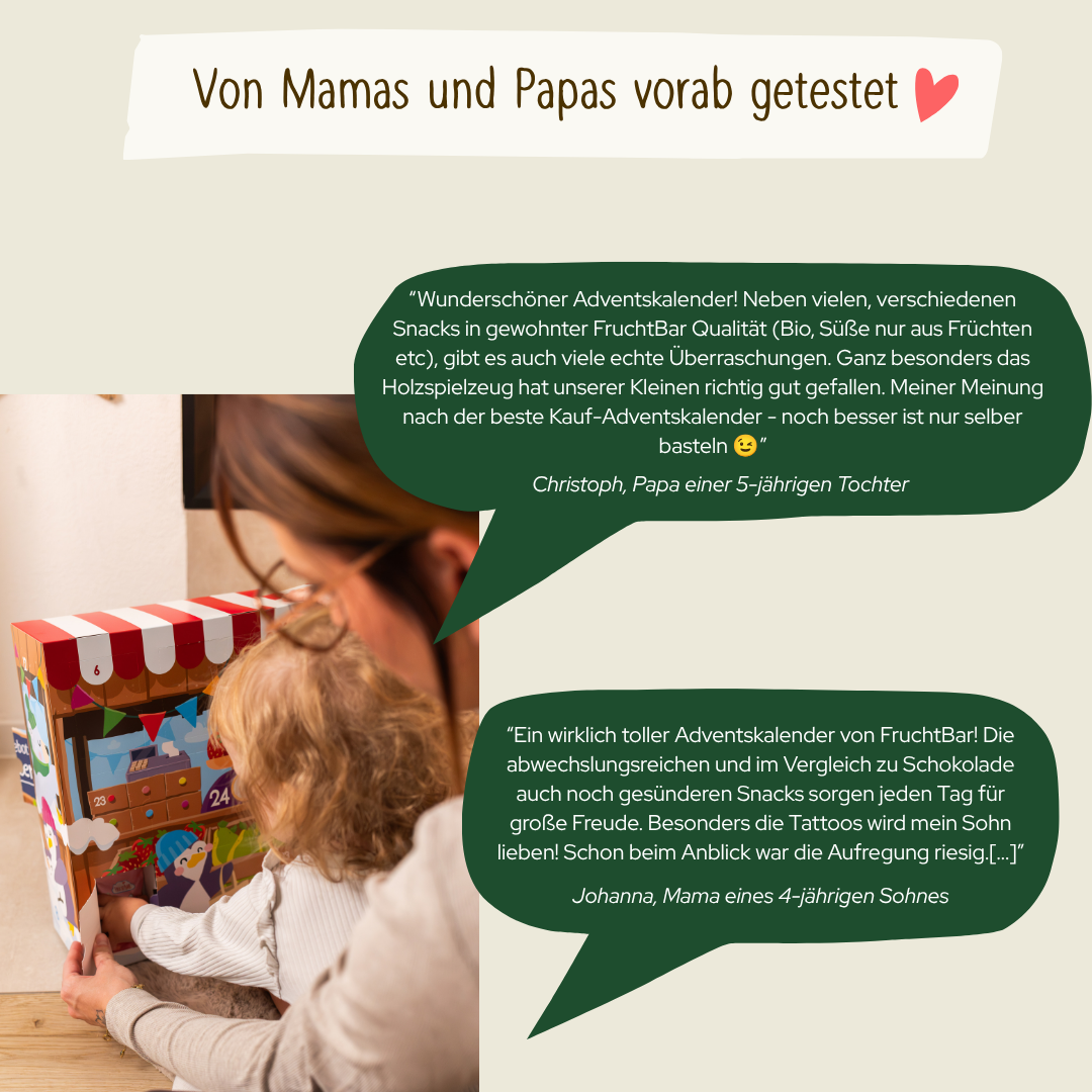 Mama und Kind öffnen den Adventskalender. Headline: Von Mamas und Papas vorab getestet. Zwei Sprechblasen mit Bewertungstext
