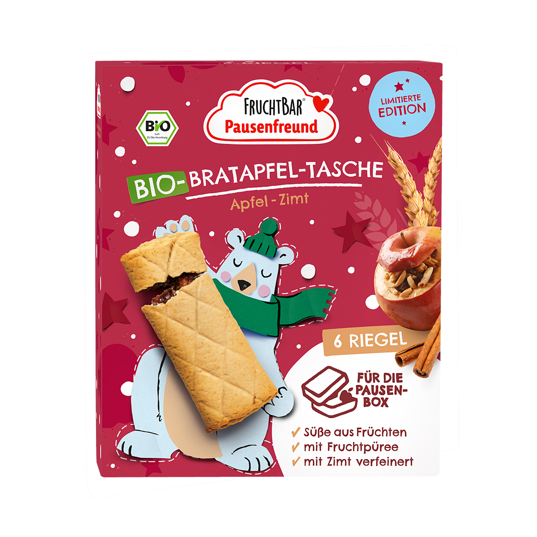 Bio Bratapfel Tasche mit Apfel und Zimt - Fruchtbar Pausenfreund - 6er Packung - Vorderseite
