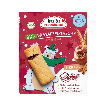 Bio Bratapfel Tasche mit Apfel und Zimt - Fruchtbar Pausenfreund - 6er Packung - Vorderseite