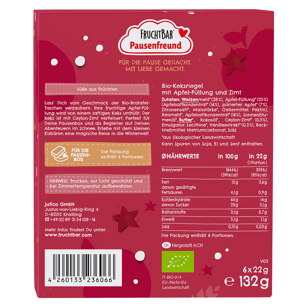 Bio Bratapfel Tasche mit Apfel und Zimt - Fruchtbar Pausenfreund - 6er Packung - Rückseite