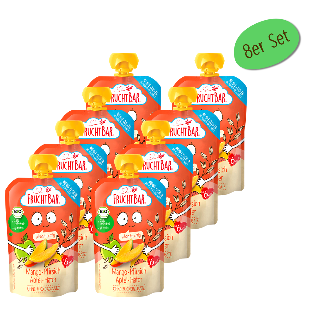 Bio Quetschie Mango, Pfirsich, Apfel, Hafer -Vorteilspack – Vorderseite