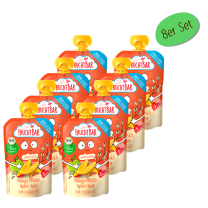 Bio Quetschie Mango, Pfirsich, Apfel, Hafer -Vorteilspack – Vorderseite