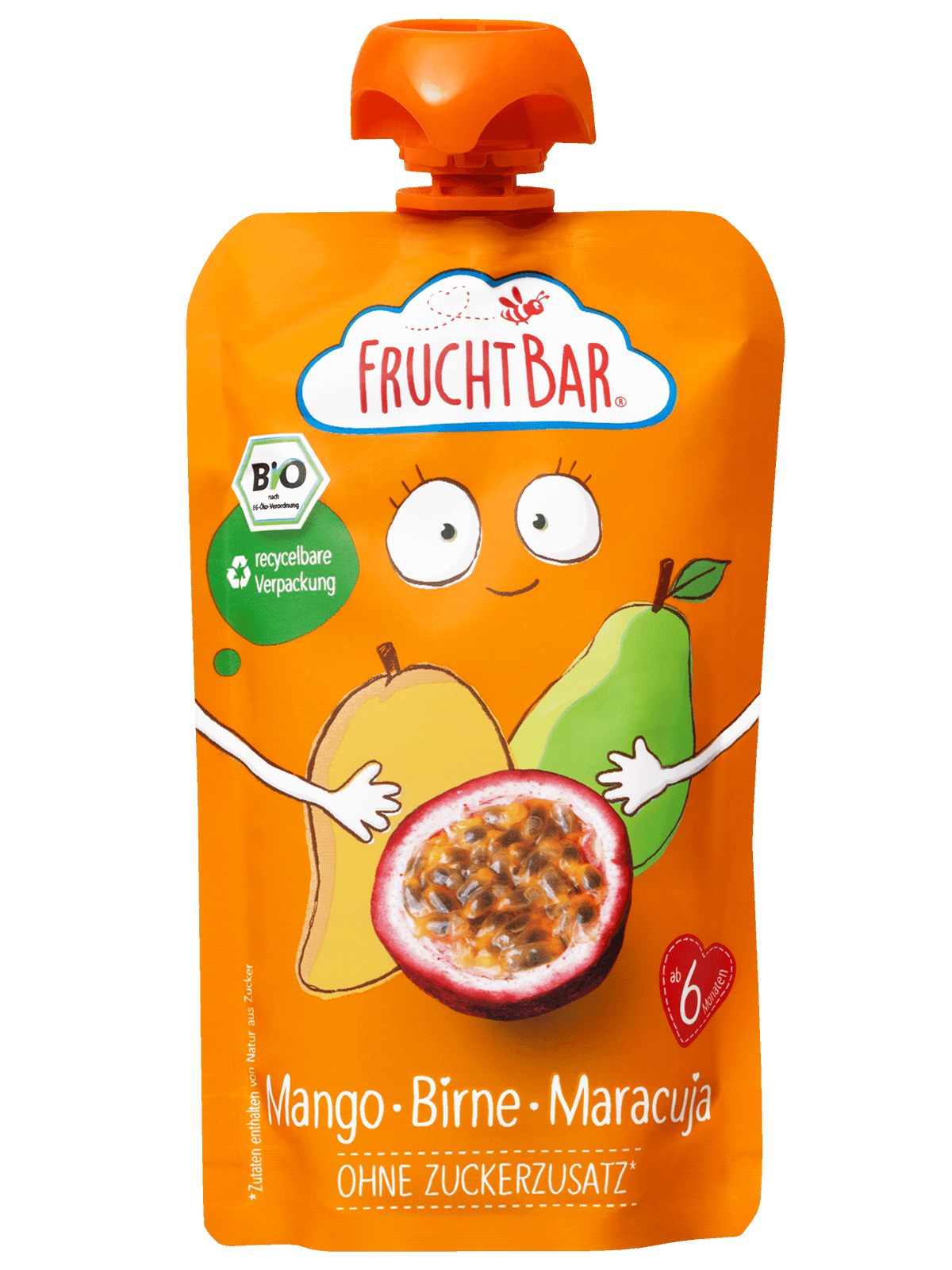 Bio Quetschie Mango, Birne, Maracuja, 120g - FruchtBar - Einzelstück - Vorderseite