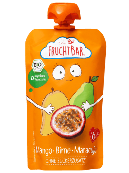 Bio Quetschie Mango, Birne, Maracuja, 120g - FruchtBar - Einzelstück - Vorderseite