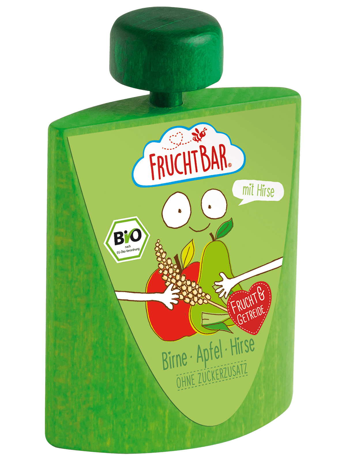 Bio Quetschie Birne Apfel Hirse mit Erzi Holzquetschie - FruchtBar - Einzelstück - Vorderseite