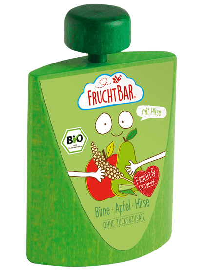 Bio Quetschie Birne Apfel Hirse mit Erzi Holzquetschie - FruchtBar - Einzelstück - Vorderseite