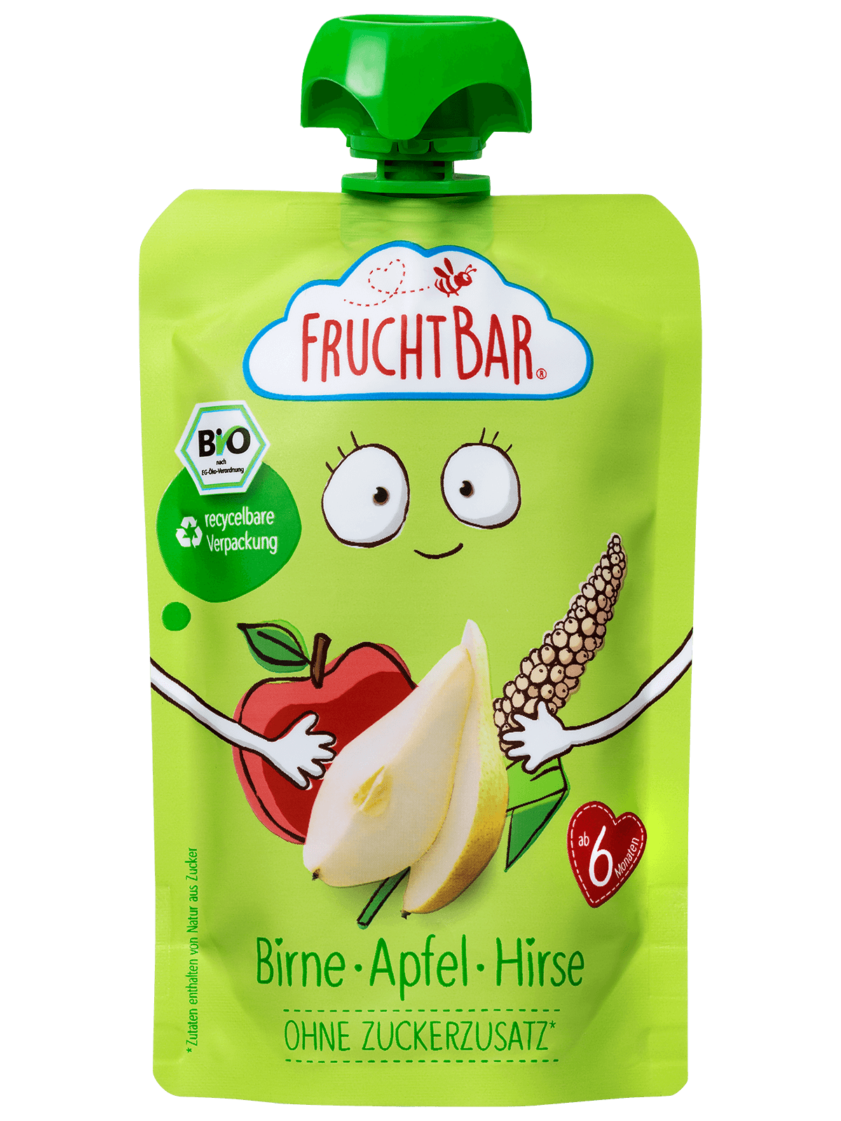 Bio Quetschie Birne Apfel Hirse mit Erzi Holzquetschie - FruchtBar - Einzelstück - Vorderseite