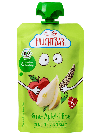 Bio Quetschie Birne Apfel Hirse mit Erzi Holzquetschie - FruchtBar - Einzelstück - Vorderseite