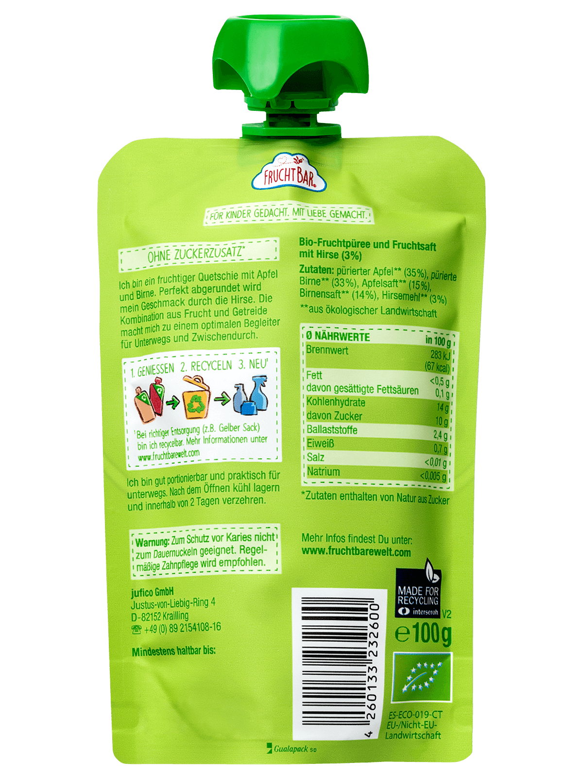 Bio Quetschie Birne Apfel Hirse mit Erzi Holzquetschie - FruchtBar - Einzelstück - Rückseite