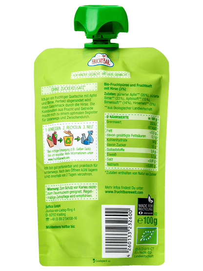 Bio Quetschie Birne Apfel Hirse mit Erzi Holzquetschie - FruchtBar - Einzelstück - Rückseite