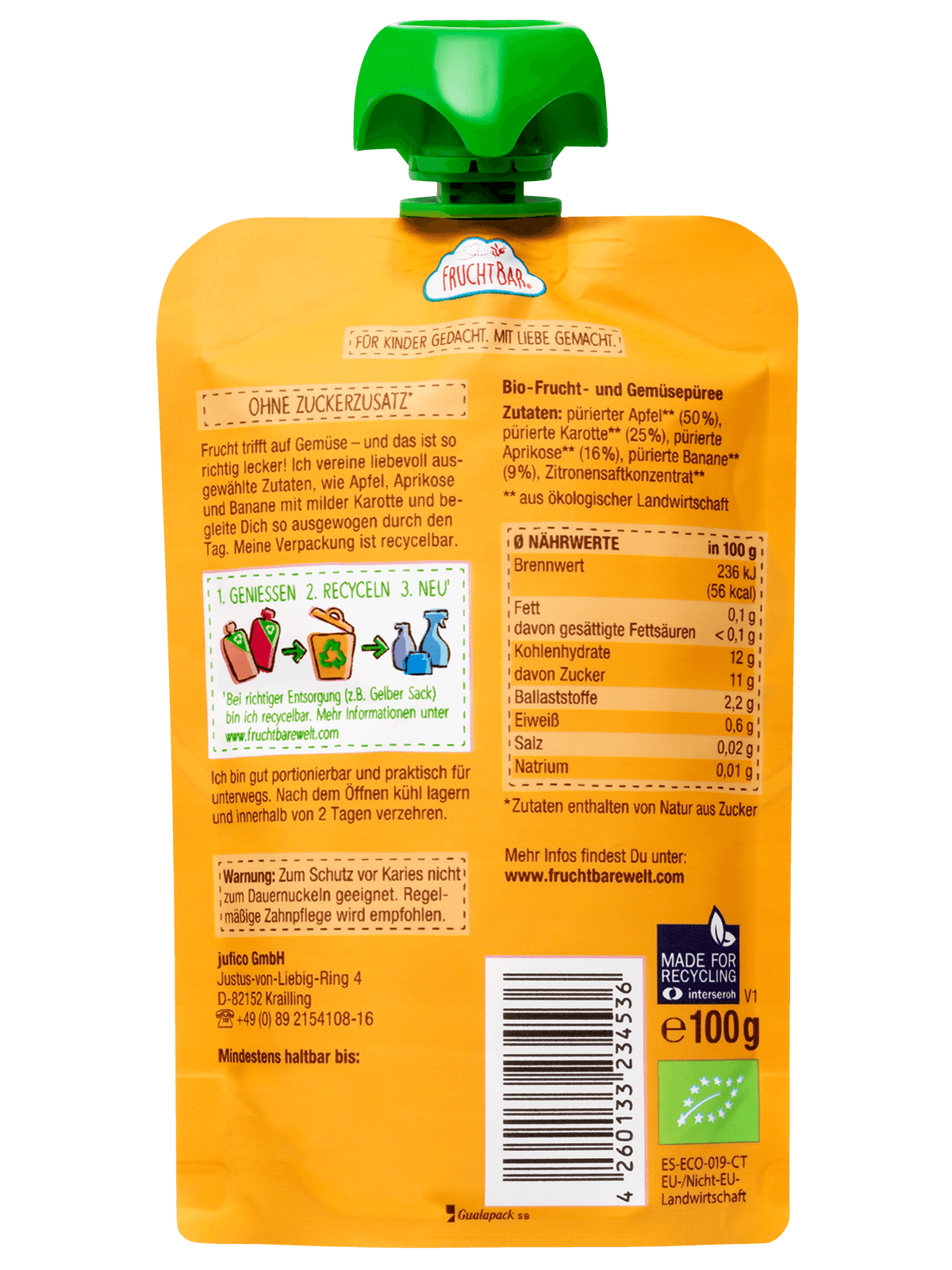 Bio Quetschie Apfel, Karotte, Aprikose, Banane - FruchtBar - Einzelstück - Rückseite