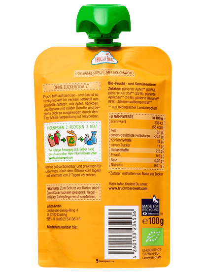 Bio Quetschie Apfel, Karotte, Aprikose, Banane - FruchtBar - Einzelstück - Rückseite