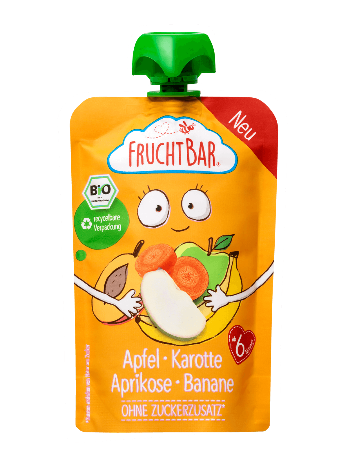 Bio Quetschie Apfel, Karotte, Aprikose, Banane - FruchtBar - Einzelstück - Vorderseite