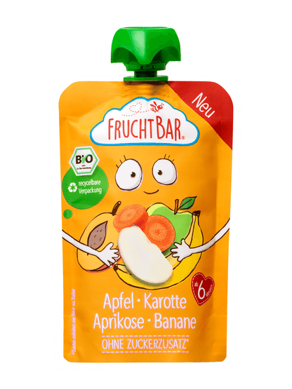 Bio Quetschie Apfel, Karotte, Aprikose, Banane - FruchtBar - Einzelstück - Vorderseite