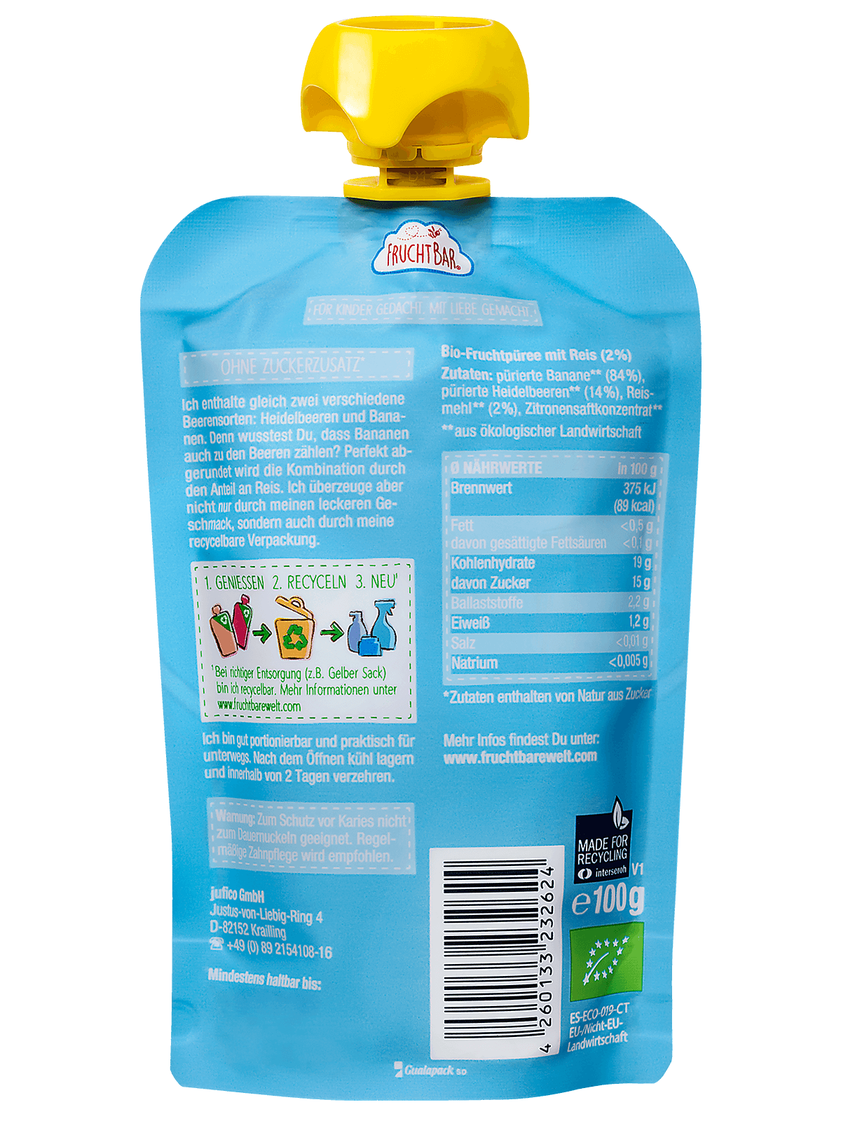 Bio Quetschie Heidelbeere, Banane, Reis - FruchtBar - Einzelstück - Rückseite