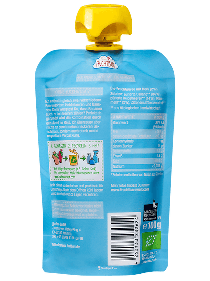 Bio Quetschie Heidelbeere, Banane, Reis - FruchtBar - Einzelstück - Rückseite