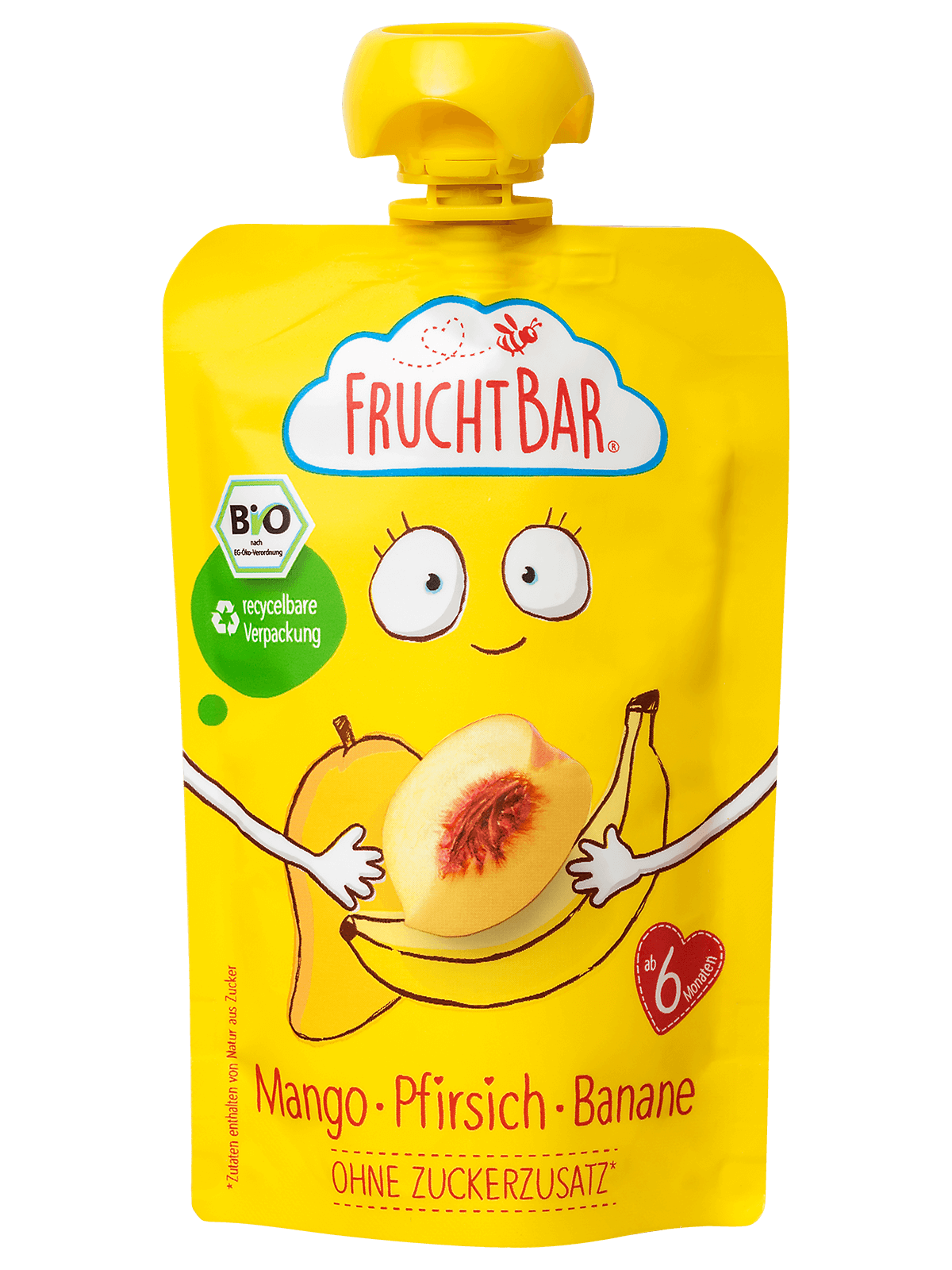 Bio Quetschie Mango, Pfirsich, Banane - FruchtBar - Einzelstück - Vorderseite