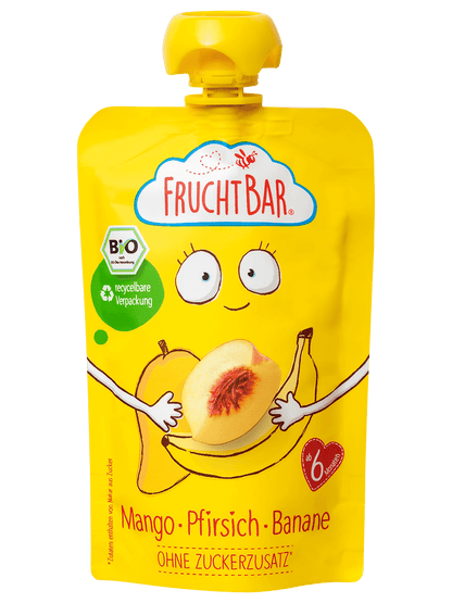 Bio Quetschie Mango, Pfirsich, Banane - FruchtBar - Einzelstück - Vorderseite