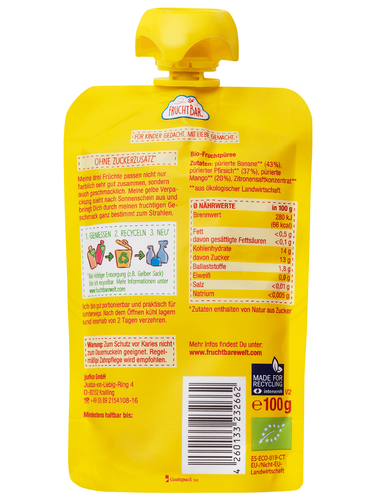 Bio Quetschie Mango, Pfirsich, Banane - FruchtBar - Einzelstück - Rückseite