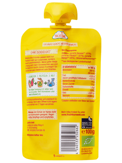 Bio Quetschie Mango, Pfirsich, Banane - FruchtBar - Einzelstück - Rückseite