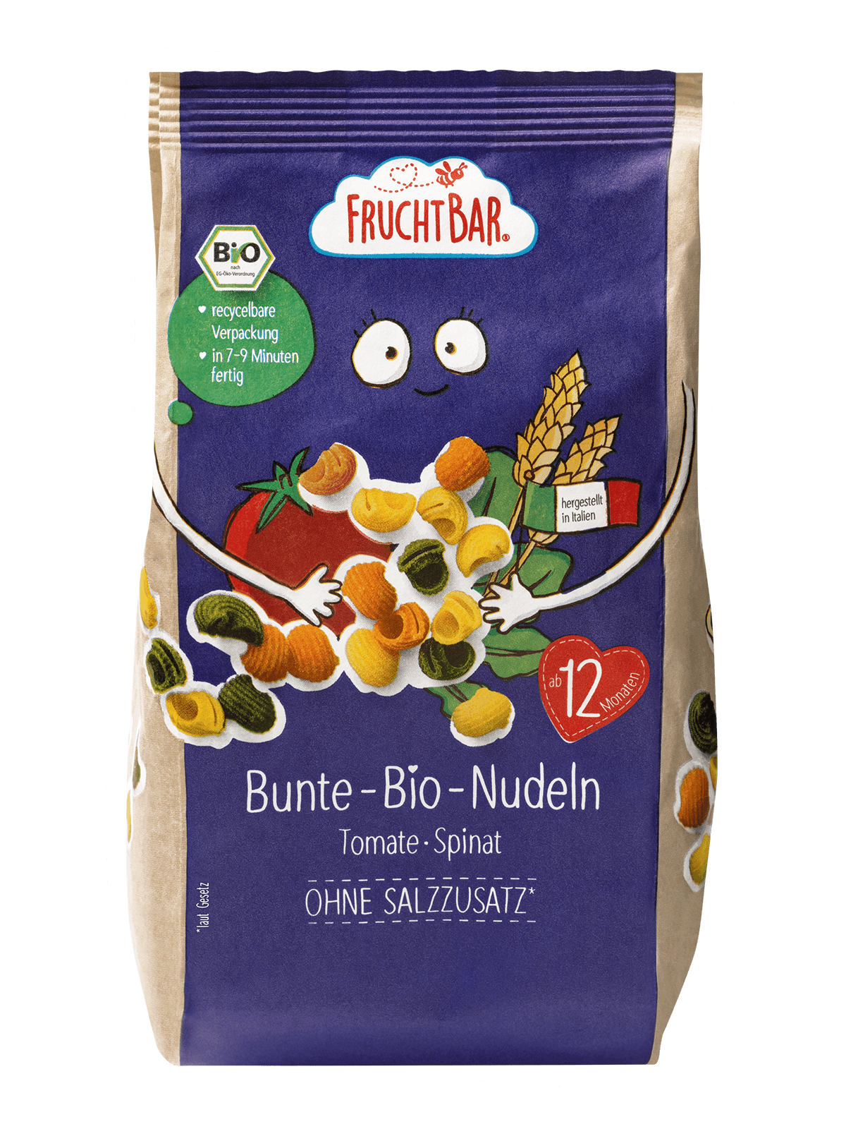 Bunte Bio Nudeln Tomate, Spinat  - FruchtBar - Einzelstück - Vorderseite
