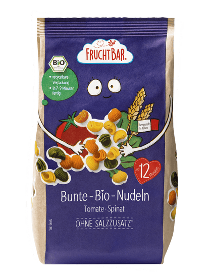 Bunte Bio Nudeln Tomate, Spinat  - FruchtBar - Einzelstück - Vorderseite