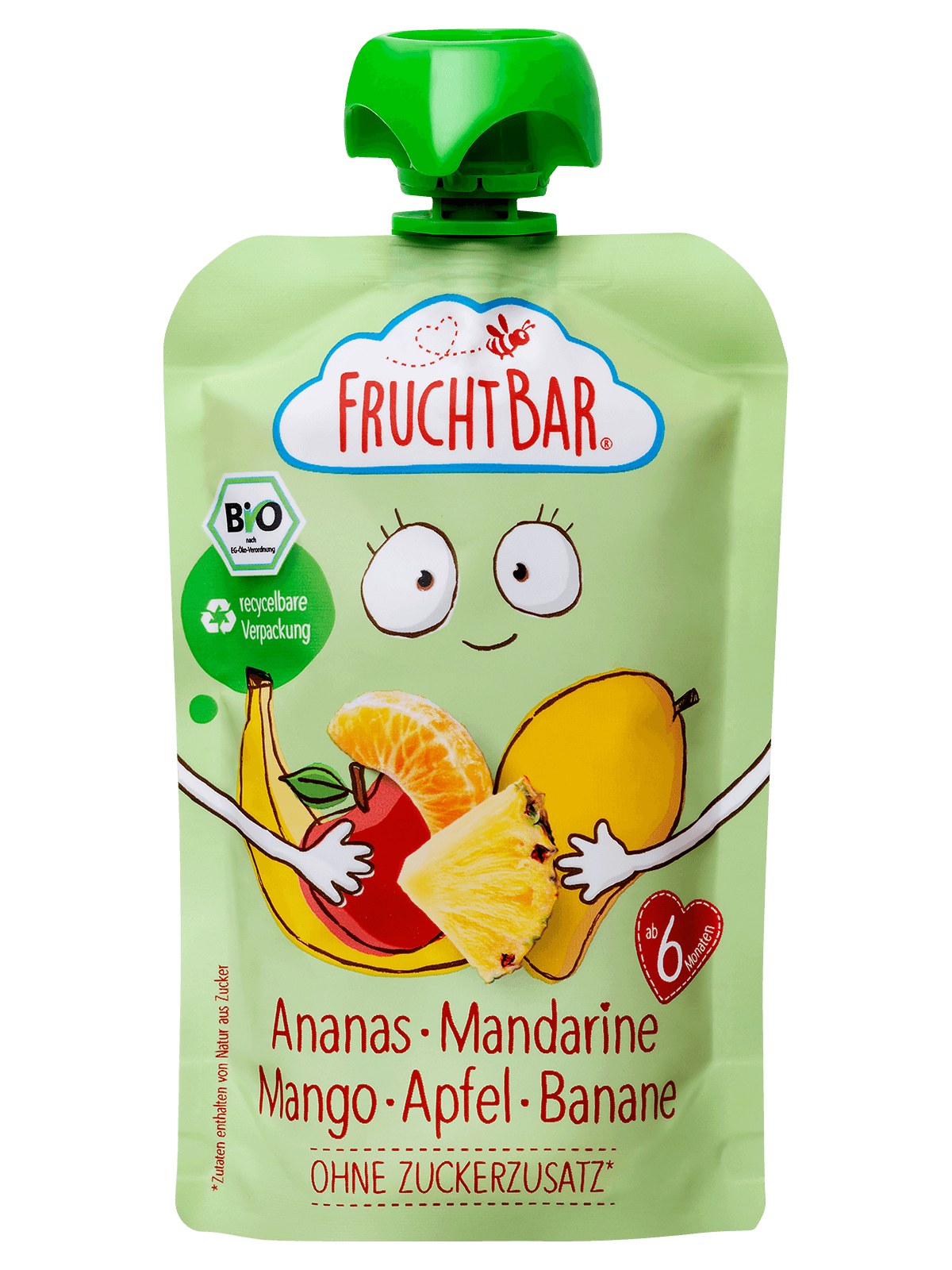 Bio Quetschie Ananas, Mandarine, Mango, Apfel, Banane - FruchtBar - Einzelstück - Vorderseite