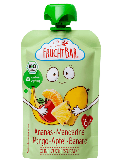 Bio Quetschie Ananas, Mandarine, Mango, Apfel, Banane - FruchtBar - Einzelstück - Vorderseite