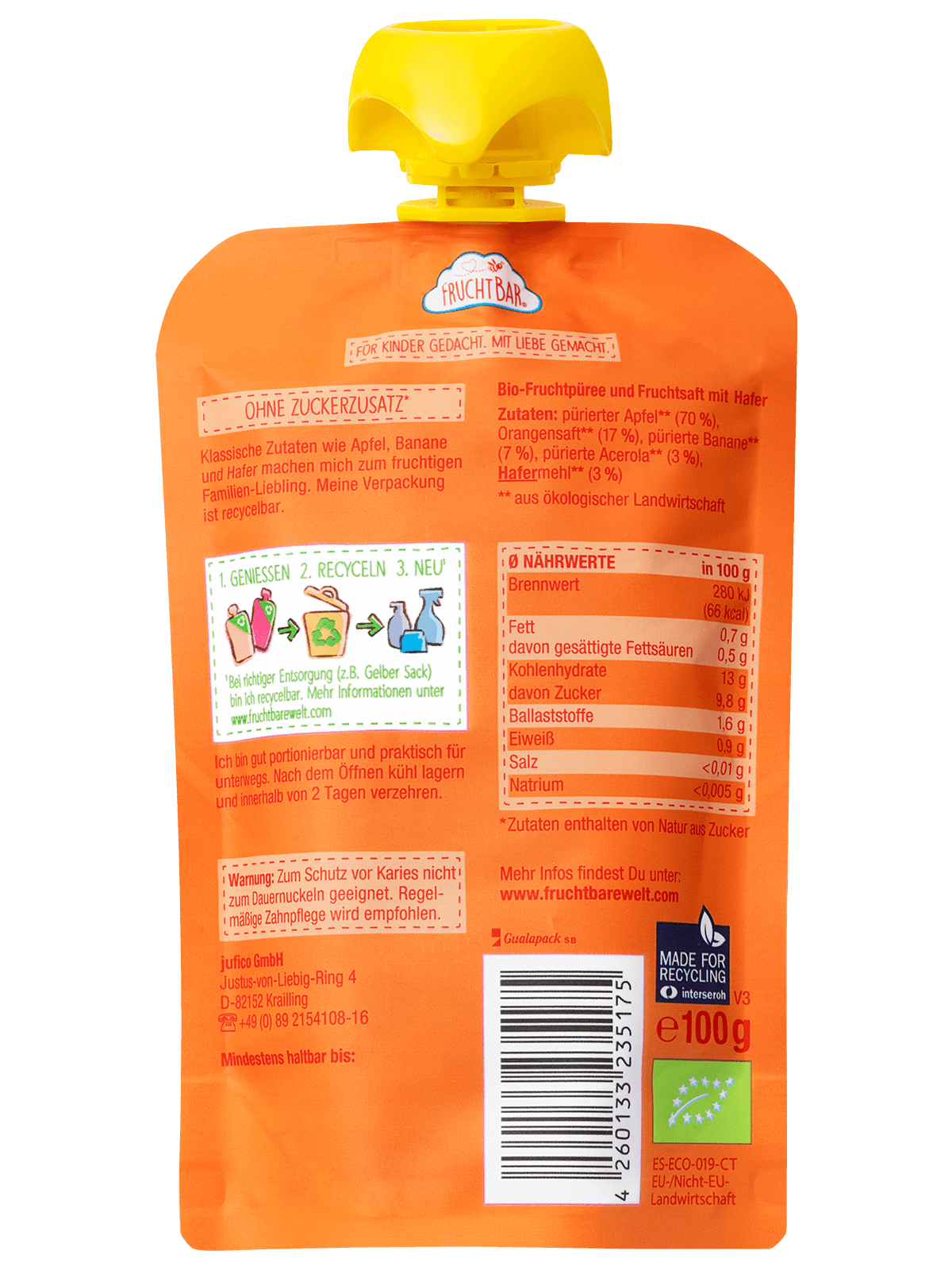 Bio Quetschie Apfel, Banane, Hafer - FruchtBar - Einzelstück - Rückseite