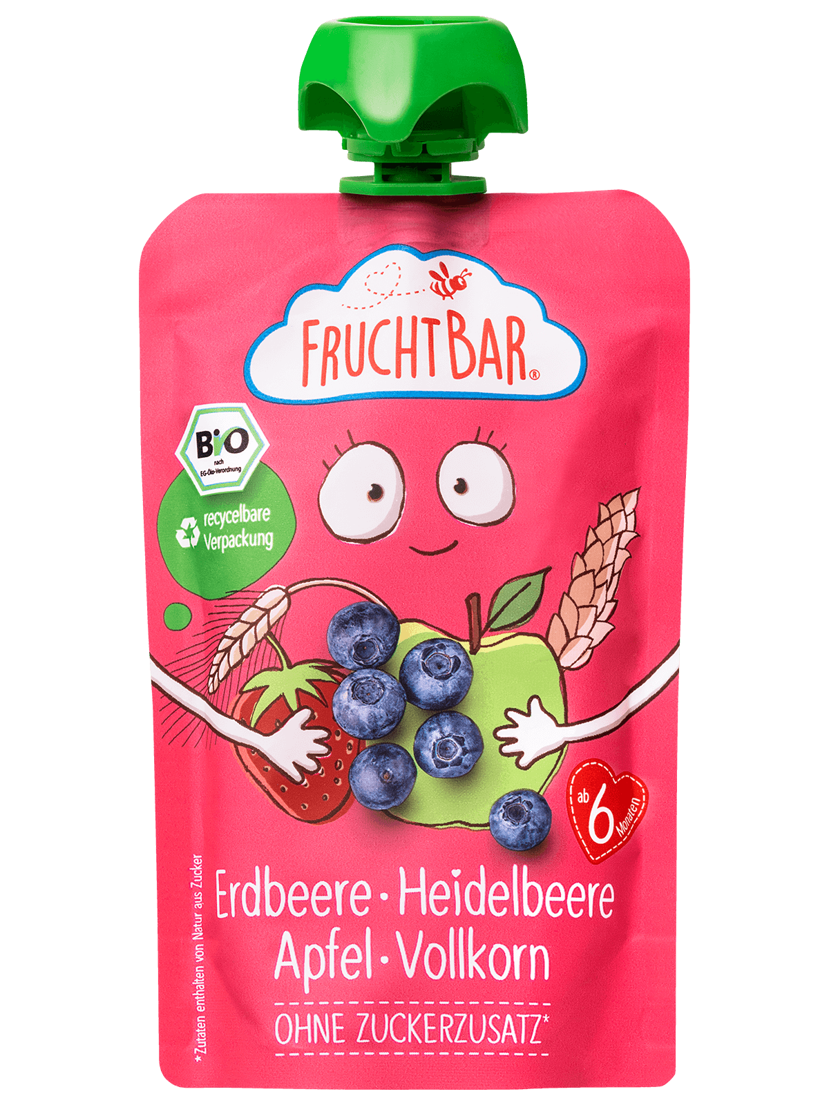 Bio Quetschie Erdbeere, Heidelbeere, Apfel, Vollkorn - FruchtBar - Einzelstück - Vorderseite