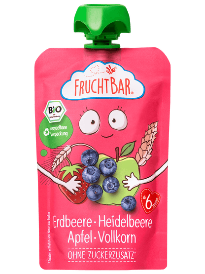 Bio Quetschie Erdbeere, Heidelbeere, Apfel, Vollkorn - FruchtBar - Einzelstück - Vorderseite