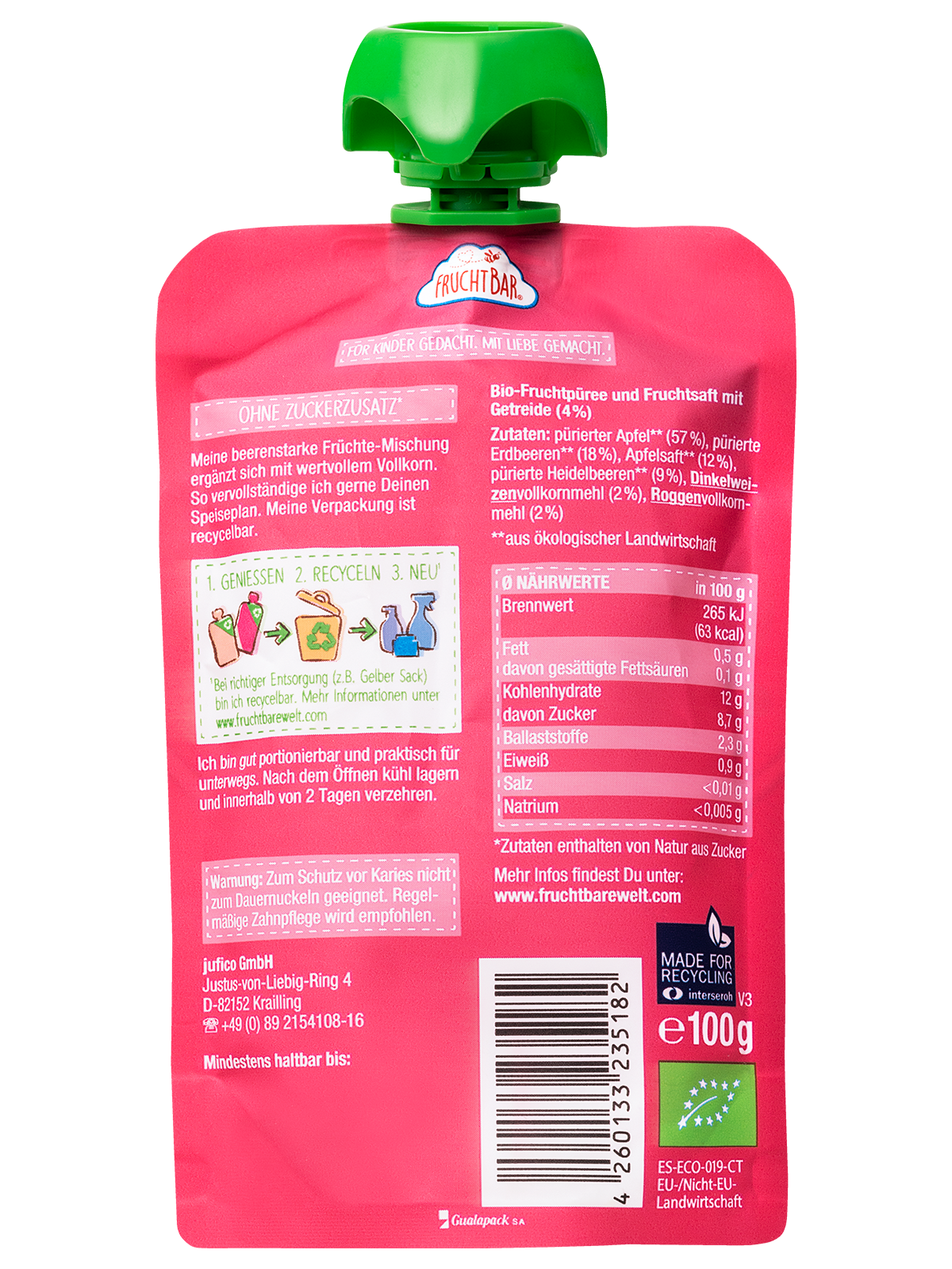 Bio Quetschie Erdbeere, Heidelbeere, Apfel, Vollkorn - FruchtBar - Einzelstück - Rückseite