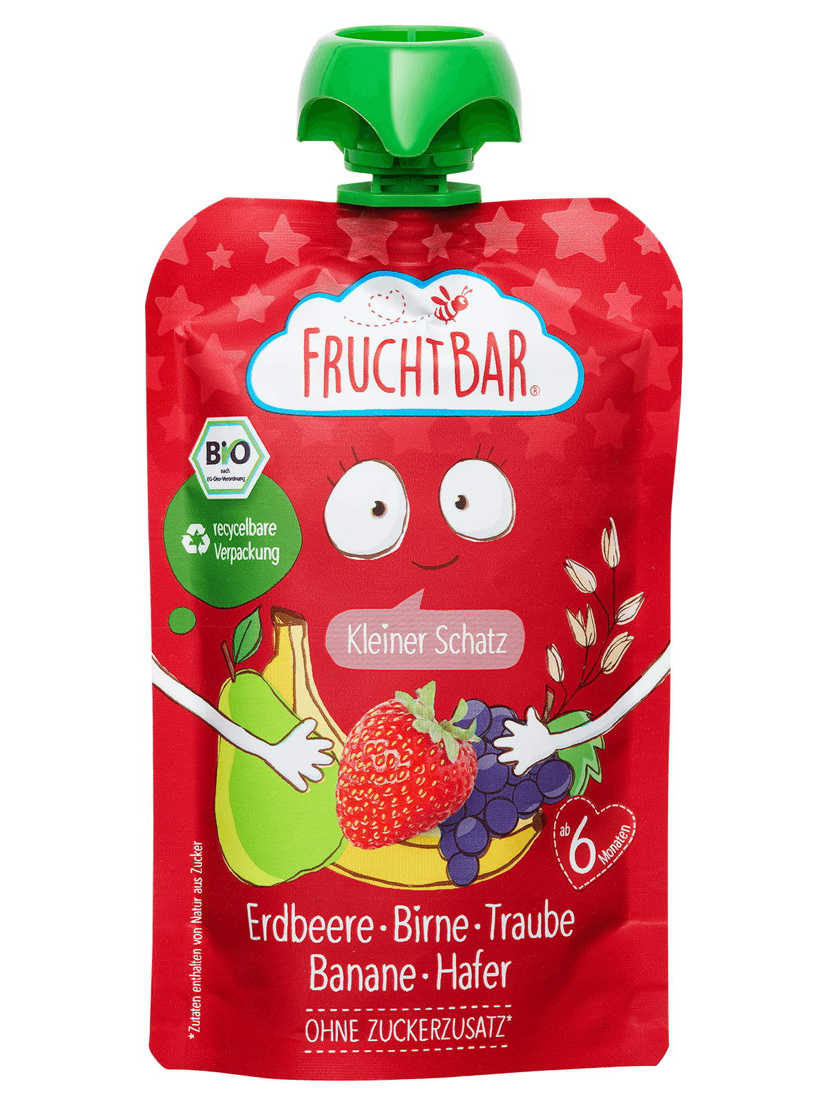 Bio Quetschie Kleiner Schatz - Erdbeere, Birne, Traube, Banane, Hafer - FruchtBar - Einzelstück - Vorderseite