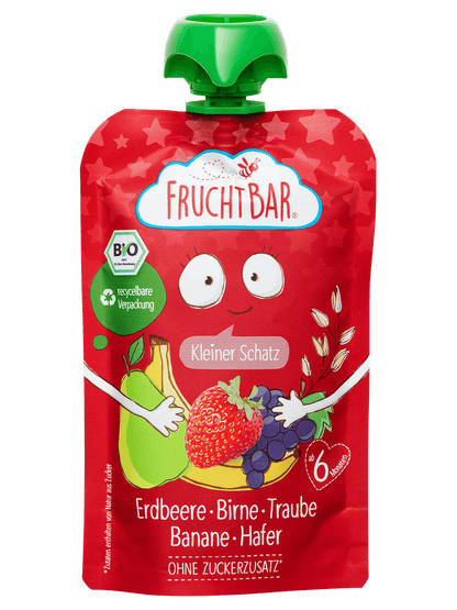 Bio Quetschie Kleiner Schatz - Erdbeere, Birne, Traube, Banane, Hafer - FruchtBar - Einzelstück - Vorderseite