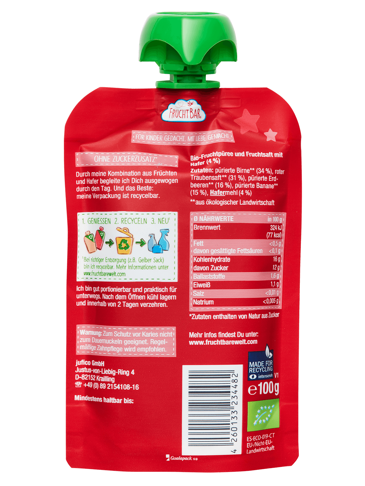 Bio Quetschie Kleiner Schatz - Erdbeere, Birne, Traube, Banane, Hafer - FruchtBar - Einzelstück - Rückseite