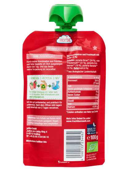 Bio Quetschie Kleiner Schatz - Erdbeere, Birne, Traube, Banane, Hafer - FruchtBar - Einzelstück - Rückseite
