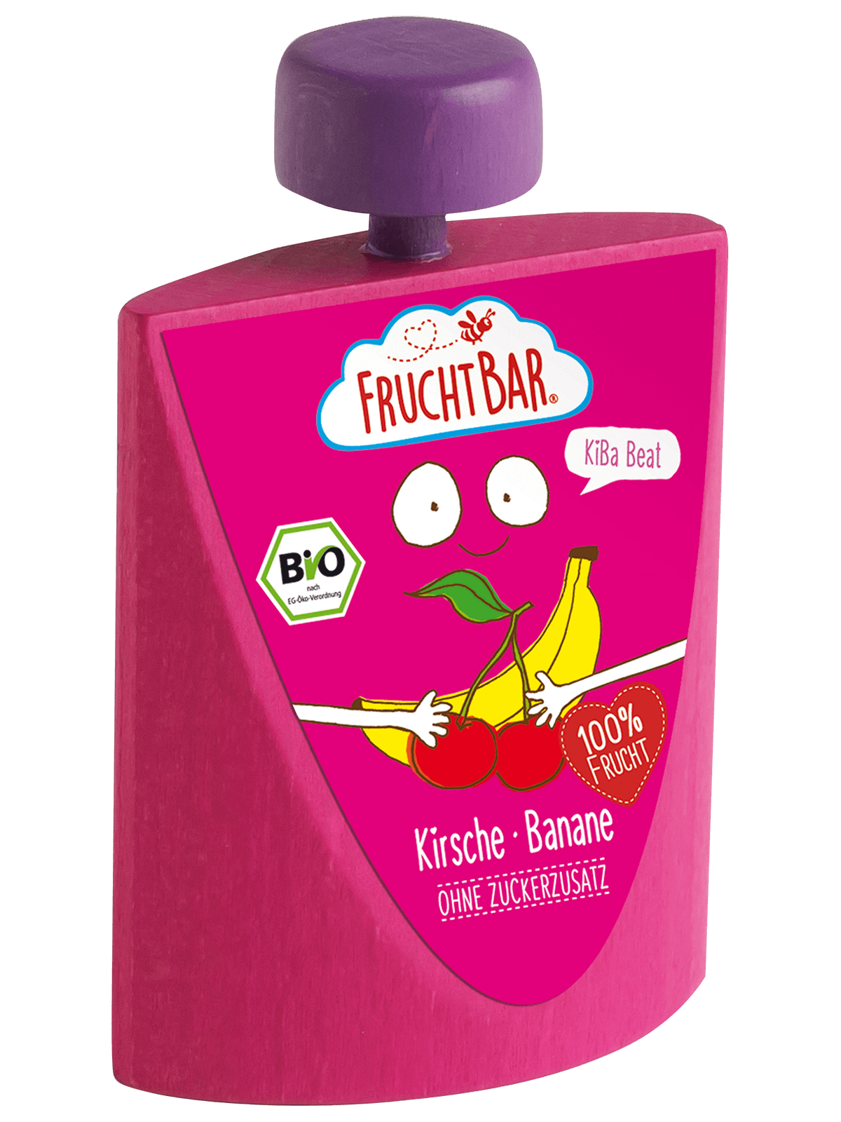 Bio Quetschie KiBa Beat Kirsche Banane mit Erzi Holzquetschie - FruchtBar - Einzelstück - Vorderseite