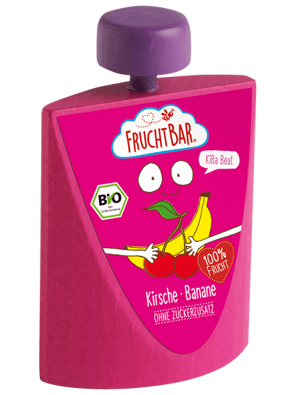 Bio Quetschie KiBa Beat Kirsche Banane mit Erzi Holzquetschie - FruchtBar - Einzelstück - Vorderseite