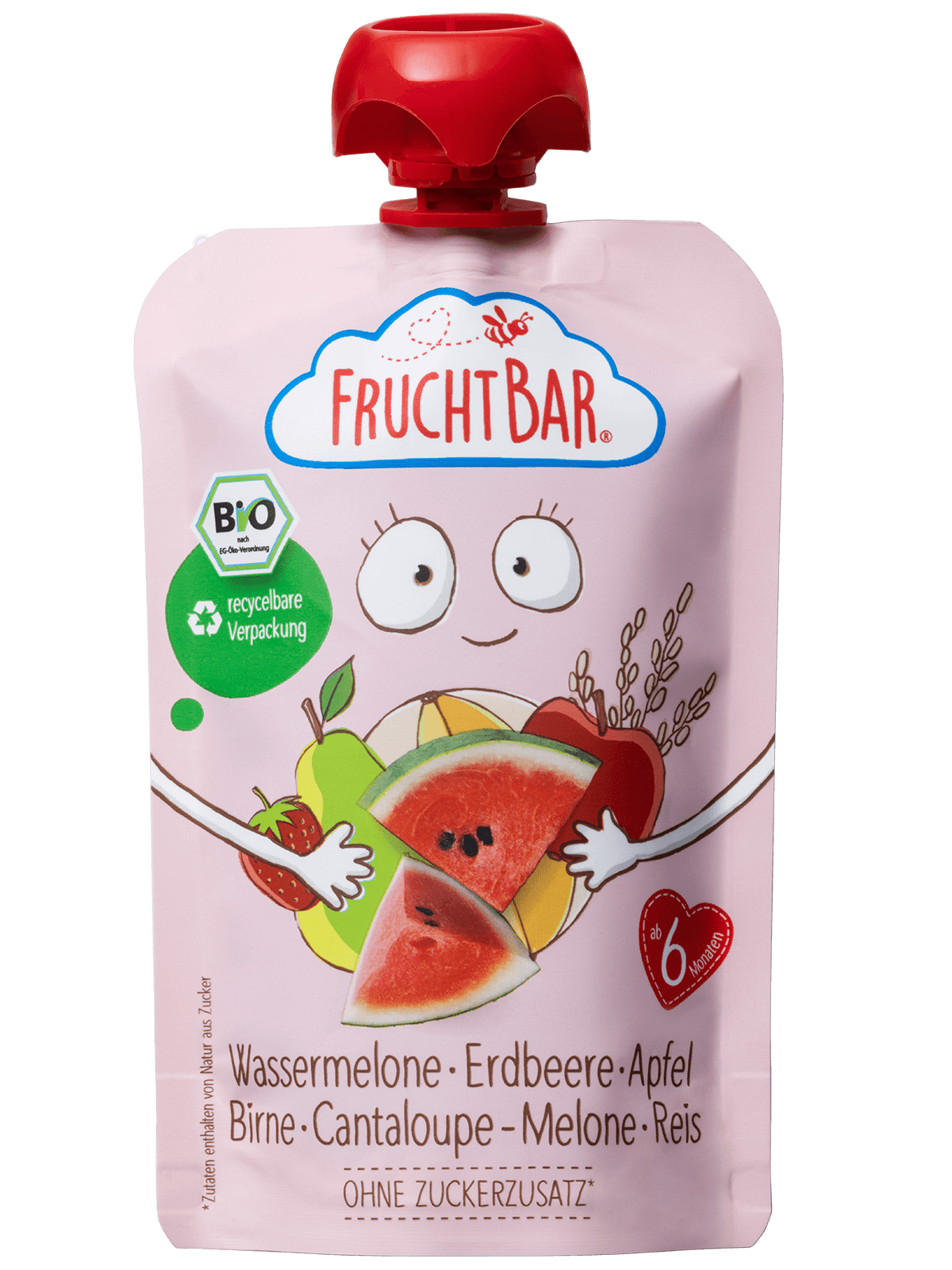 Bio Quetschie Wassermelone, Erdbeere, Apfel, Birne, Cantaloupe-Melone, Reis - FruchtBar - Einzelstück - Vorderseite