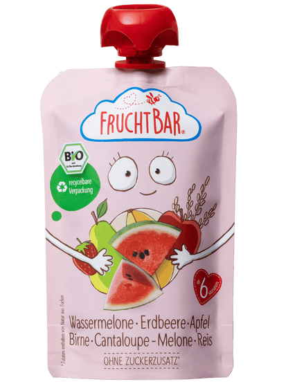 Bio Quetschie Wassermelone, Erdbeere, Apfel, Birne, Cantaloupe-Melone, Reis - FruchtBar - Einzelstück - Vorderseite