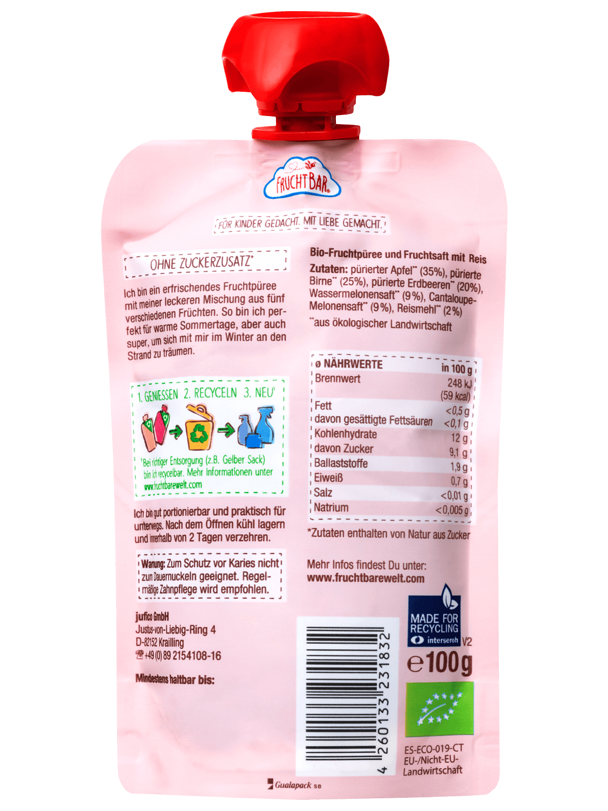 Bio Quetschie Wassermelone, Erdbeere, Apfel, Birne, Cantaloupe-Melone, Reis - FruchtBar - Einzelstück - Rückseite