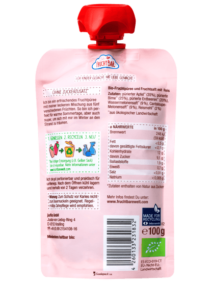 Bio Quetschie Wassermelone, Erdbeere, Apfel, Birne, Cantaloupe-Melone, Reis - FruchtBar - Einzelstück - Rückseite