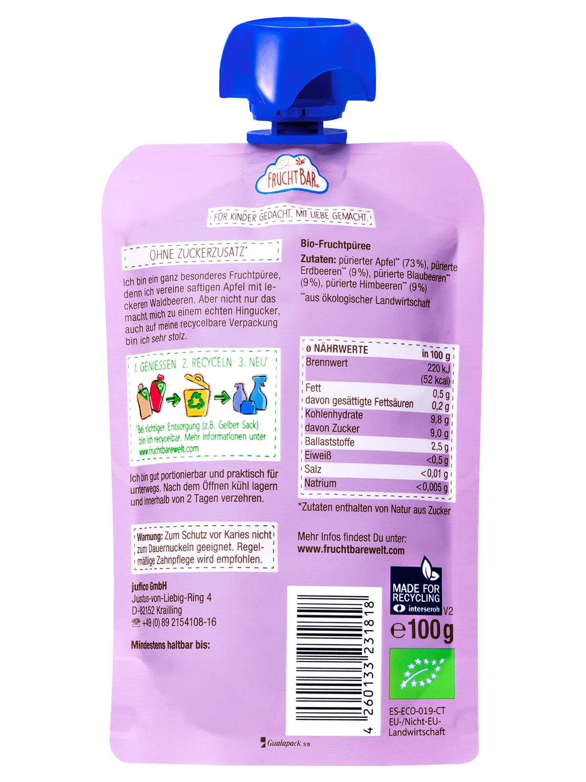 Bio Quetschie Apfel, Waldfrucht  - FruchtBar - Einzelstück - Rückseite