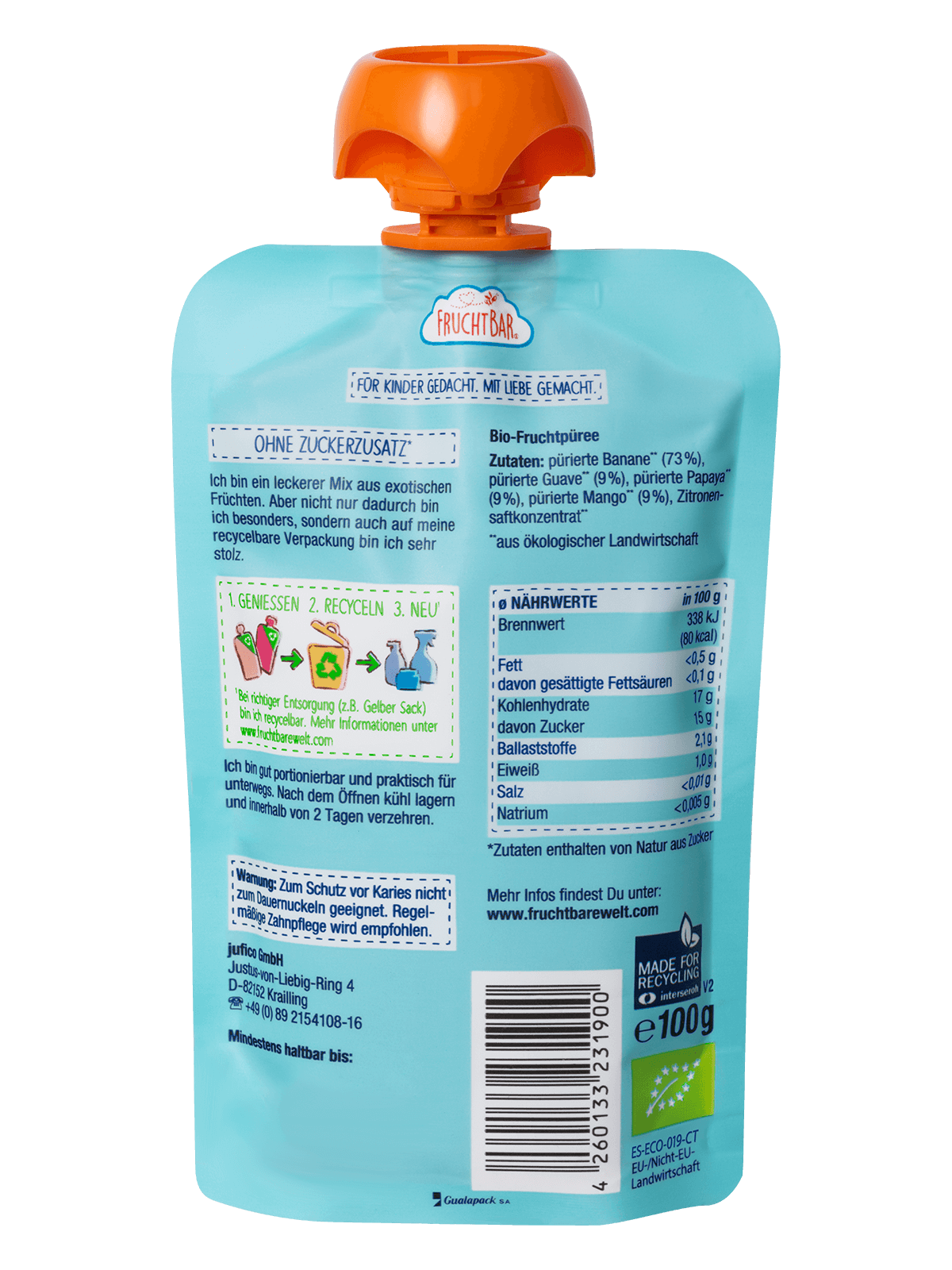 Bio Quetschie Guave, Papaya, Mango, Banane - FruchtBar - Einzelstück - Rückseite