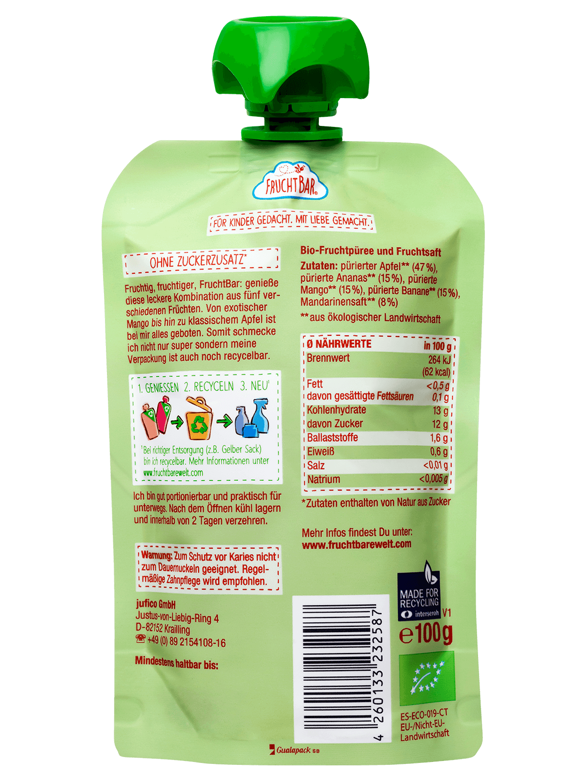 Bio Quetschie Ananas, Mandarine, Mango, Apfel, Banane - FruchtBar - Einzelstück - Rückseite