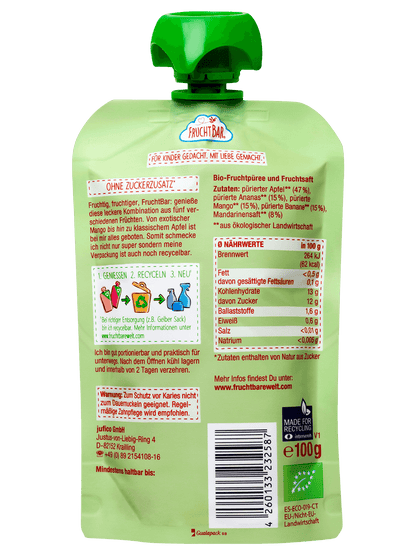 Bio Quetschie Ananas, Mandarine, Mango, Apfel, Banane - FruchtBar - Einzelstück - Rückseite