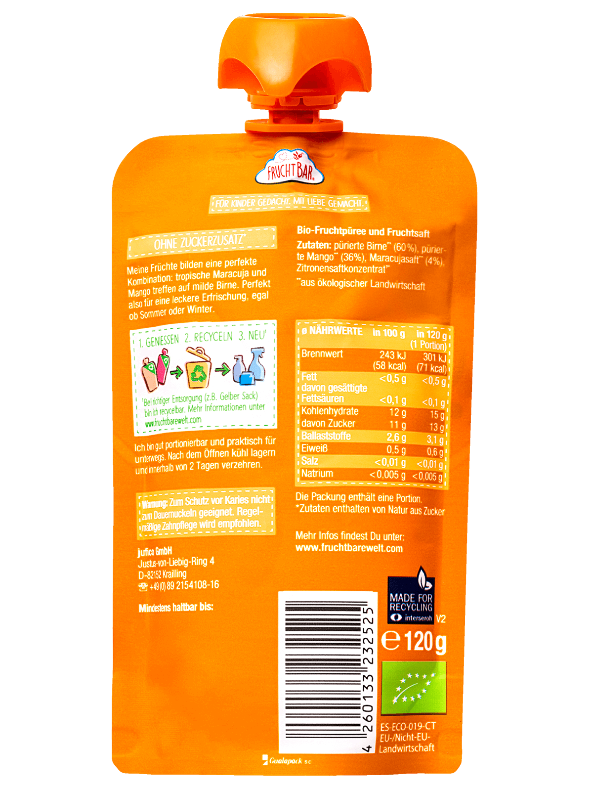 Bio Quetschie Mango, Birne, Maracuja, 120g - FruchtBar - Einzelstück - Rückseite