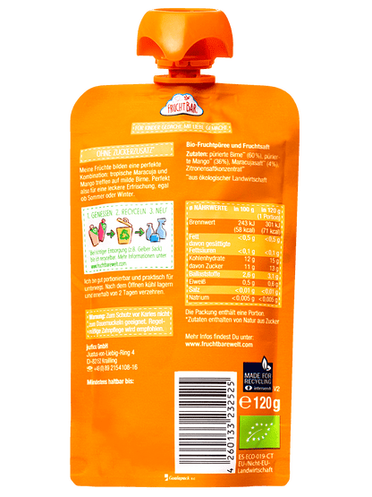 Bio Quetschie Mango, Birne, Maracuja, 120g - FruchtBar - Einzelstück - Rückseite